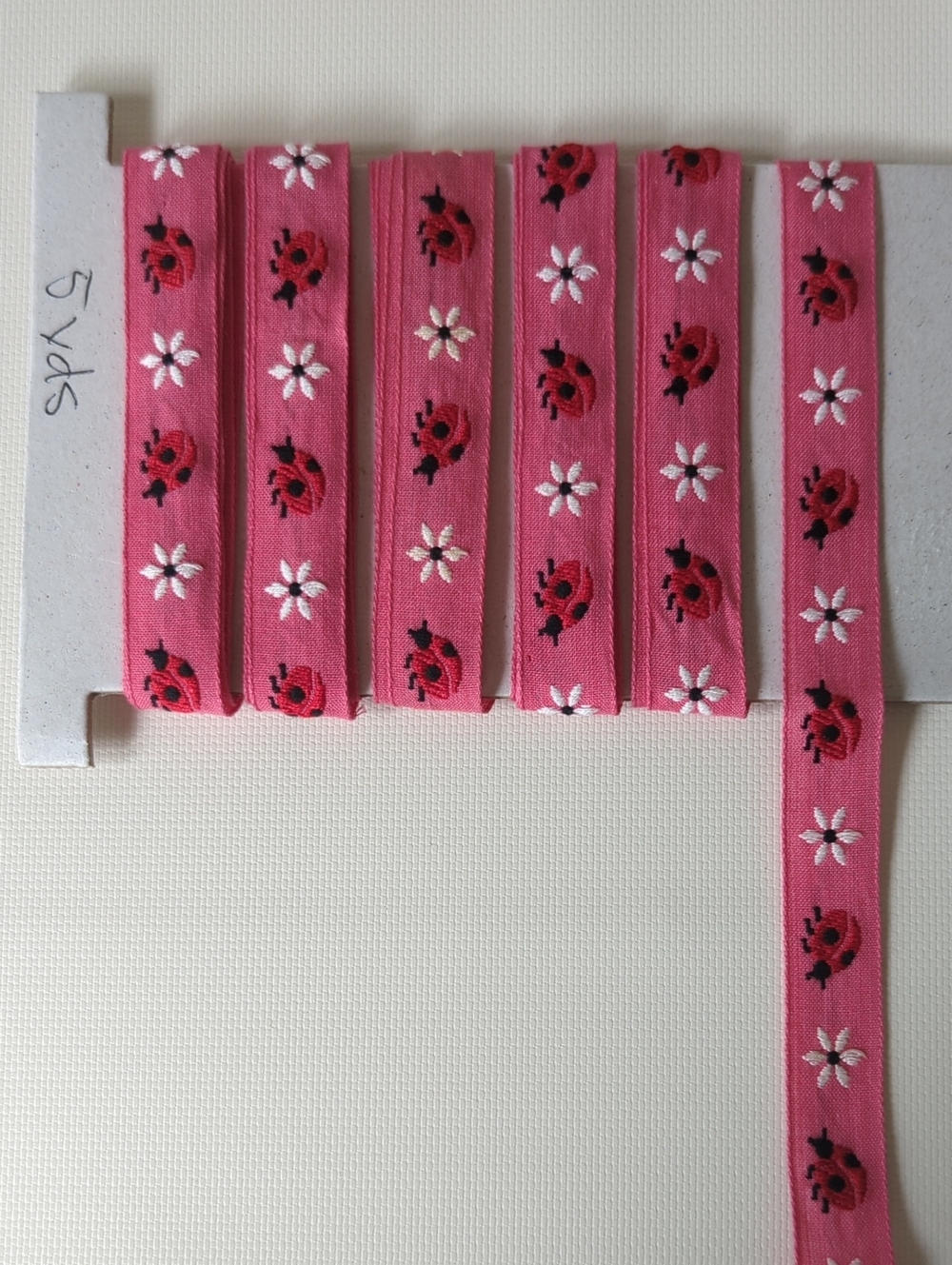 True Vintage Pink Ladybug & Daisy Embroidered Ribbon Trim